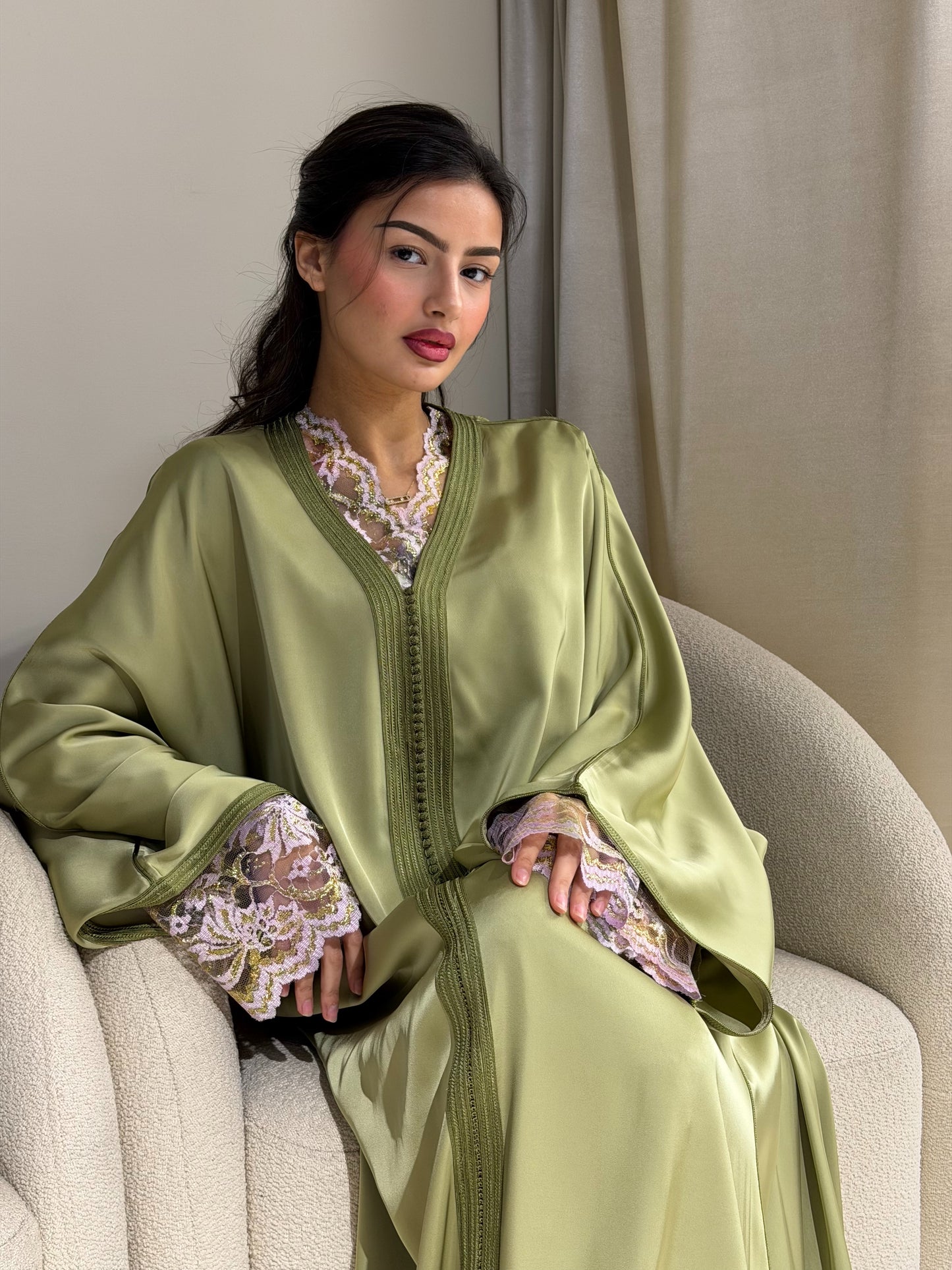 Olive Green Satin Kaftan