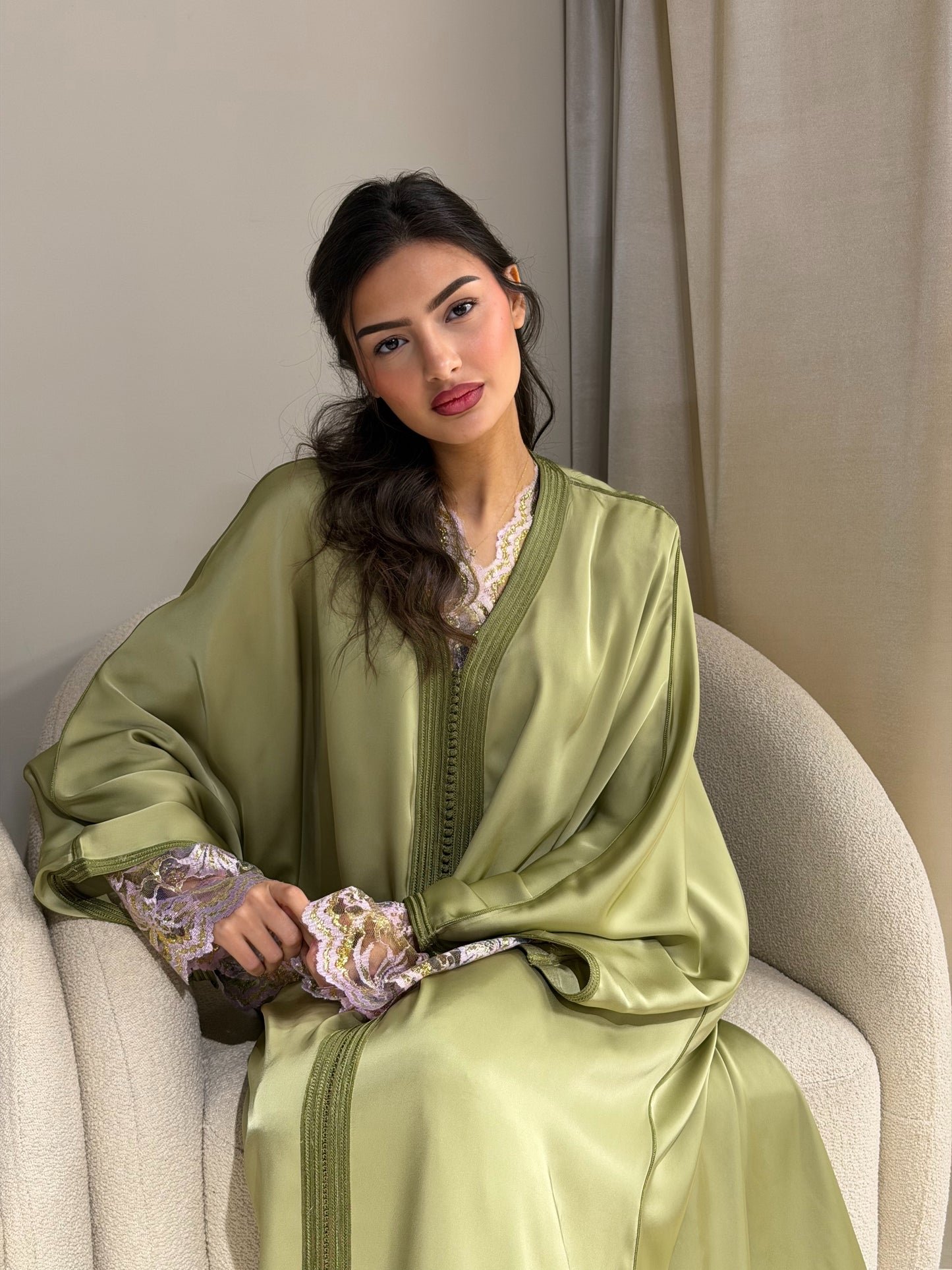 Olive Green Satin Kaftan